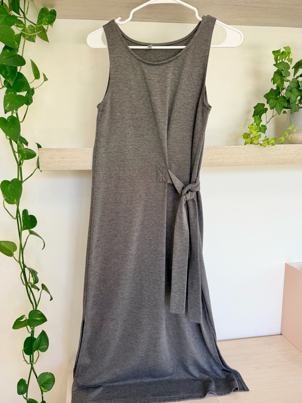 Jolie Charcoal Gray Sleeveless Midi Dress with Side Tie